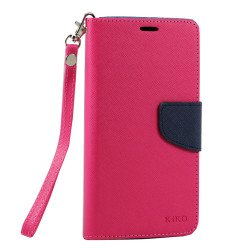 Samsung Galaxy Note 4 Diary Flip Leather Wallet Case w Stand and Strap (Hot Pink Blue)